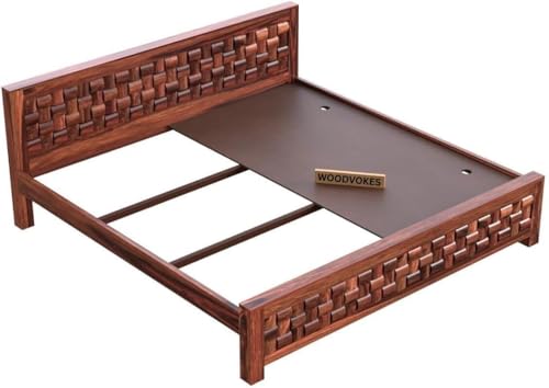 Image of Sheesham Wood Bed Without Storage Solid Wooden Cot Bed Elegant and Functional Bedroom Living Room Home (Dark Mahogany Finish, Queen)