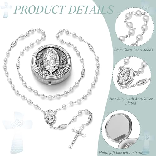 Jadive 12 Sets Catholic Rosary Necklace 6mm Glass Pearl Beaded Necklace with Metal Gift Box for Women Men Prayer Gift2