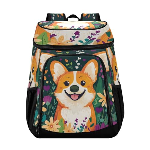 Corgi Flowers Green Cooler Backpack Leakproof Insulated Lunch Cooler Bag 30 Cans Camping Backpacks for Beach Picnic Road Trip
