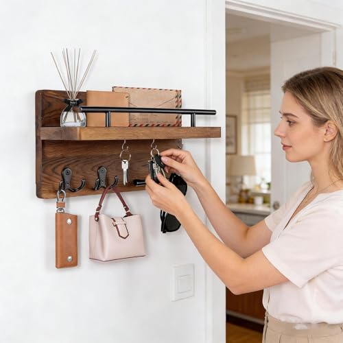 Portallaves de pared de madera para evitar la pérdida de llaves y monederos 4