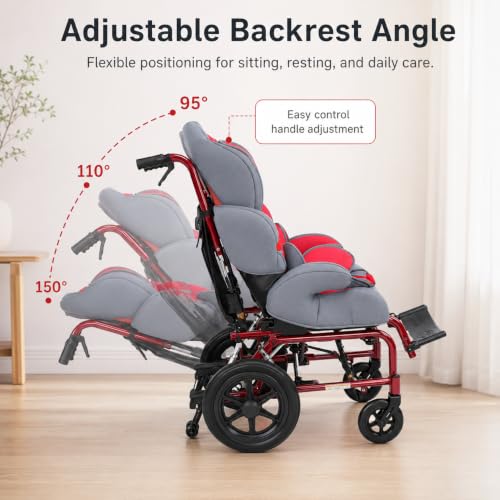Image of Reclining Pediatric Wheelchair for Kids with Special Needs,Pediatric Mobility Wheelchair with Adjustable Reclining Backrest, 5-Point Safety Harness, Removable Tray, Padded Side Support, Red