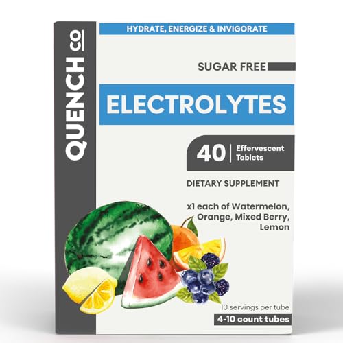 Quench Electrolyte Tablets 40 Count Instant Hydration, Electrolytes, Fasting Electrolytes No Sugar for Optimal Hydration Support Not Powder - Watermelon, Orange, Mixed Berry, Lemon Flavors