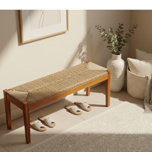 Image of Vintage Entryway Bench, 47 inch Acacia Wood Bench with Woven Seagrass Seat, Entryway Bench, Wicker Bench Indoor for Hallway, End of Bed, Rustic Farmhouse Boho Style, Indoor Decorative Bench (Brown)