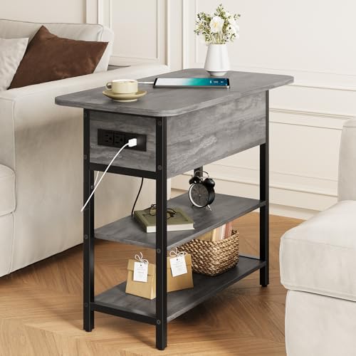 Image of Yoobure End Table with Charging Station, Flip Top Side Table with USB Ports and Outlets, Sofa Couch Table Bedside Table for Living Room Bedroom, Narrow Nightstand with Shelves for Small Space Gray