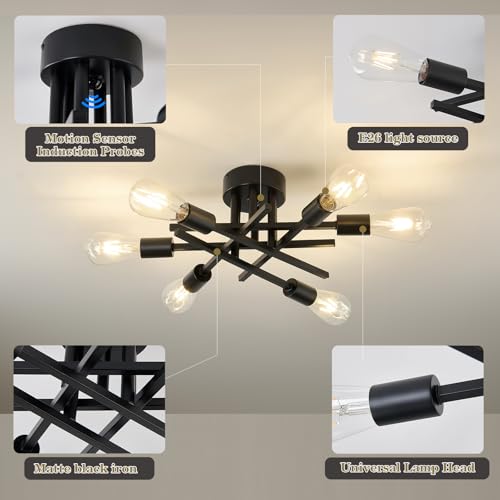 Image of Semi Flush Mount Motion Sensor Ceiling Light Fixture,6 Lights Black Vintage Matte Sputnik Chandelier Ceiling Lamp with E26 Bulb Base for Farmhouse Dining Room Living Room Bedroom Study Kitchen