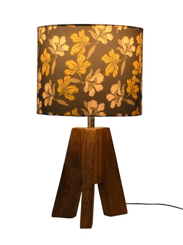 Image of Green Girgit Decorative Tri-Leg Stand Wooden Table Lamp with Black Floral Multicolor Shade Bedside & Reading Night Lamp for Bedroom, Living Room & Home Decor | Warm Ambient Light