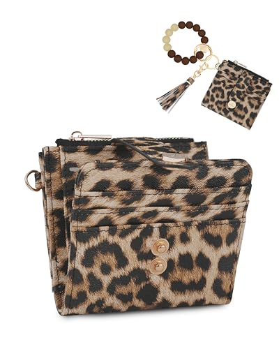 Image of Small Wristlet Wallets for Women Keychain Wristlet Wallet RFID Blocking Key Chain Wallet With Zipper Coin Pocket,2 Id Window (Leopard)