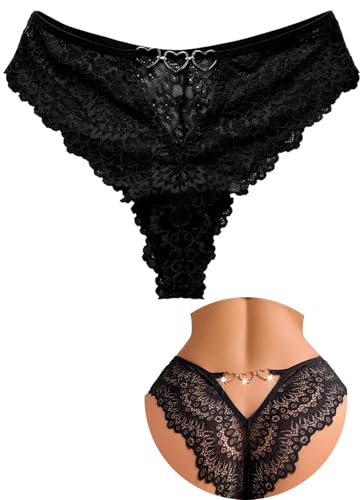 MIZSPISE Women's Cotton Lace Thong Low Waist Lace Thongs Ice Silk Lace Underwear Comfortable Underwear (UK, Alpha, M, Regular, Regular, black)