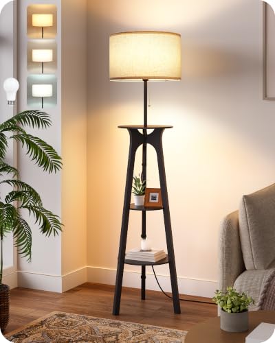 Image of GOEBLESON Wooden Tripod Floor Lamp, Floor Lamp with Shelves for Bedroom