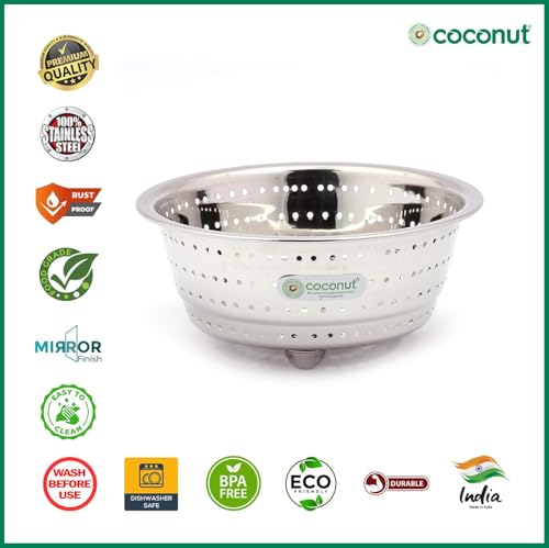Image of Coconut Stainless Steel Colander Strainer for Kitchen - Large Rice Washer, Fruit & Vegetable Washing Bowl with Handles - Rust-Proof, Heavy-Duty Multipurpose Sieve Basket - Pack of 1 | 18 cm