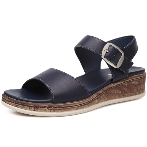 Image of DimaiGlobal Women's Low Wedge Sandals with Arch Support Open Toe Platform Beach Shoes for Summer Comfortable Walking Sandals Dressy Casual 6.5UK Blue