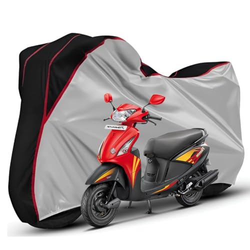 Image of Waterproof Bike Body Cover Compatible with Hero Pleasure Dustproof Scratchproof - Motorcycle Cover for Two Wheeler, Outdoor Full Cover with UV, Duty, Rain Protection (Silver Top Black)