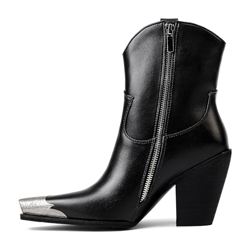 Image of Cowboy Ankle Boots for Women Engraved Steel Toe Cowgirl Boots Stacked Block Heels Short Cowboy Boot Fashion Dressy Western Country Booties