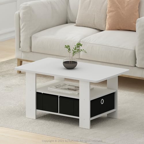 Image of Furinno Andrey Small Modern Coffee Table with Storage Shelf, White | 2x Black Bin Drawers, Soft-Corner, Rectangular Side Table for Living Room, Bedroom, Home Office