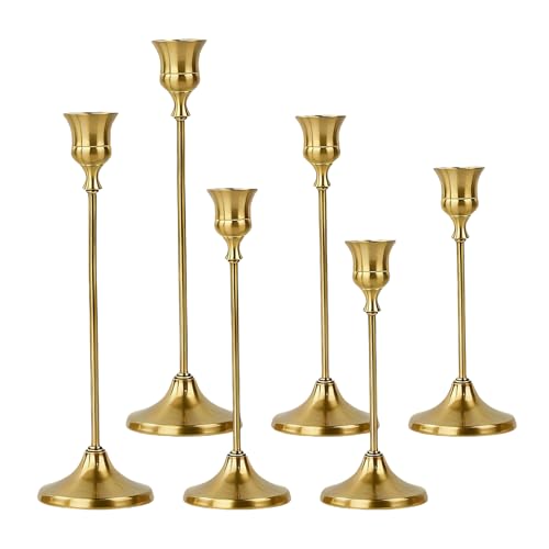 Set of 6 Brass Gold Candle Stick Holders for Taper Vintage Candlestick Holder Decorative Metal Candle Sticks Home Decor Centerpieces for Table Mantel Wedding Housewarming Gift Decorations