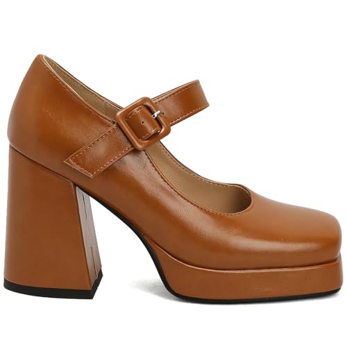 LUXMAX Women Square Toe Mary Janes Platform Chunky High Heels Pumps Ankle Strap Patent Leather Block Heel Buckle Pumps2