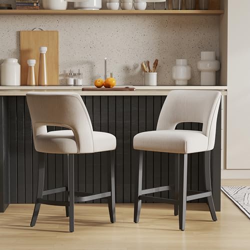 Image of VKNOW Bar Stools Set of 2, 26 inch Upholstered Counter Height Bar Stools | Modern Counter Stools with Black Rubberwood Legs for Kitchen Island Dining Room Bar, Beige-Black Legs