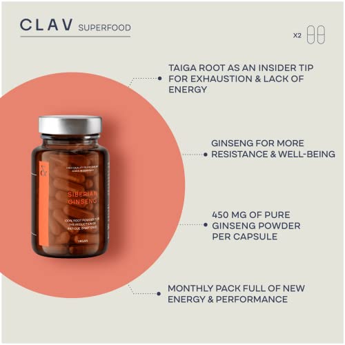 Clav® Siberian Eleuthero - 900Mg Siberian Ginseng Root Powder - Eleuthero Root - Energy Supplement - Reduction Of Tiredness & Fatigue - 60 Ginseng Capsules Vegan - Made In Germany #TOP2