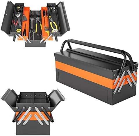 Goplus 22-Inch Metal Tool Box, 3-Layer 5-Tray Portable Folding Tool Chest Organizer with Handle & Lock Hole, Cantilever Toolbox for Garage Trunk Household Office, Powder Coated Steel