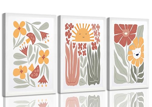 Image of 3 Pcs Girls Nursery Canvas Wall Art Neutral Minimalism Abstract Boho Floral Botanical Painting Pictures Wall Decor Poster Print Artwork for Baby Girl Room Girls Room Kids Room Decoration Unframed