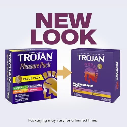Image of Trojan Pleasure Pack, Assorted Latex Lubricated Condoms for Men, Her Pleasure, Bareskin Studded, Ecstasy & Charged Varieties, Condom Variety Pack 36 Count