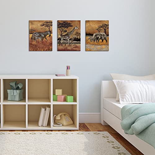 Fushvre 3 Pieces Safari Wall Art Mom And Baby Zebra Giraffe And Elephant Canvas Painting Stretched And Framed Africa Animal Artwork For Home Office Wall Decor #TOP5