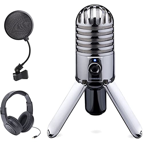 Samson Meteor Mic Usb Studio Microphone Large Diaphragm, Built-In Monitoring + Samson Stereo Headphones + Pop Filter #TOP10