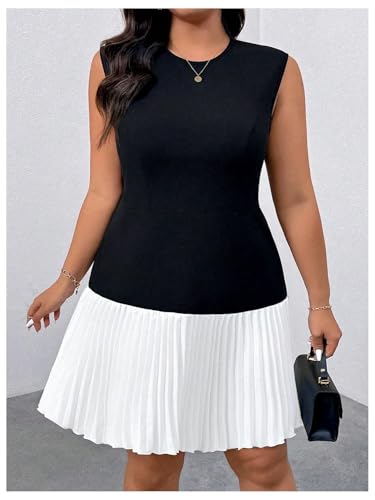 GORGLITTER Women's Plus Size Pleated Dress Color Block Sleeveless A Line Work Business Office Mini Dresses4