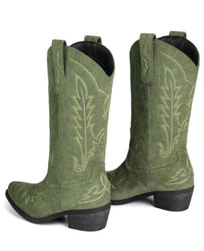 Image of Rivalran Cowboy Boots for Women - Cowgirl Boots with Embroidery, Chunky Heel Pointed Toe Pull-on Vintage Western Mid Calf Fashion Boots for Ladies