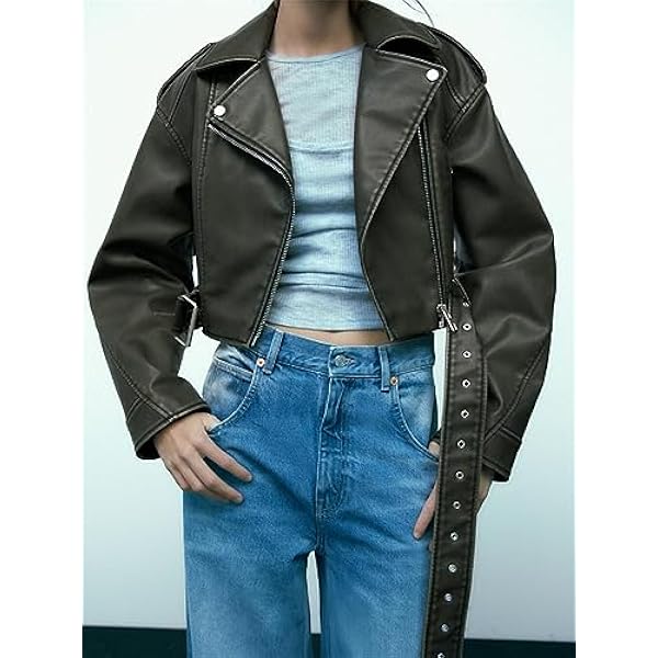 Adhdyuud Vrouwen Moto Biker Korte Pu Jas Herfst Streetwear Vintage Revers Rits Faux Lederen Jas Met Riem