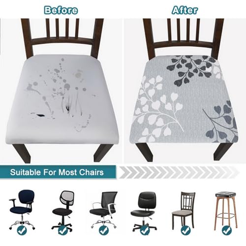 Image of SearchI Water Repellent Seat Covers for Dining Room Chairs Stretch Printed Chair Seat Covers Set of 4, Removable Washable Kitchen Chair Seat Protector Cushion Slipcovers for Office (Leaf Pattern)
