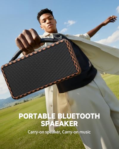 Image of DINDIN Portable Bluetooth Speaker: 80W (Peak), 20H Playtime, Wireless Big Wood Boombox with Deep Bass, Subwoofer, TWS, Large, Loud Speaker for Party, Outdoor, Backyard, Beach, Home,Gift(Black+Brown)