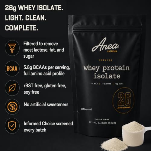 Image of Anea Protein Powder, Whey Isolate Protein Powder, Whey Isolate, 5.8g BCAAs, RBST Free, Gluten Free, Soy Free, No Fillers, No Artificial Sweeteners, Unflavored, 26g Per Serving, 20 Servings
