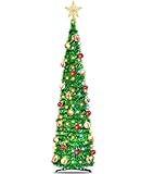 [ Dual Color Change & Timer ] 5 Ft Lighted Bling Christmas Pencil Tree 50 LED Light 3D Star 25 Ball Ornament Battery Operated, Glitter Tinsel Pop Up Slim Xmas Tree Decor Indoor Home (Green)