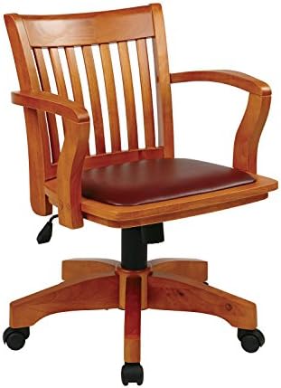 OSP Home Furnishings Deluxe Wood Banker's Desk Chair with Padded Seat, Adjustable Height and Locking Tilt, Fruitwood Finish and Brown Vinyl