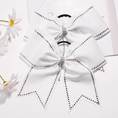 Deeka 10 Pcs 8" Rhinestones Large Cheer Hair Bows Glitter Cheer Ponytail Holder Handmade For Teen Girls Softball Cheerleader Sports -White #TOP1