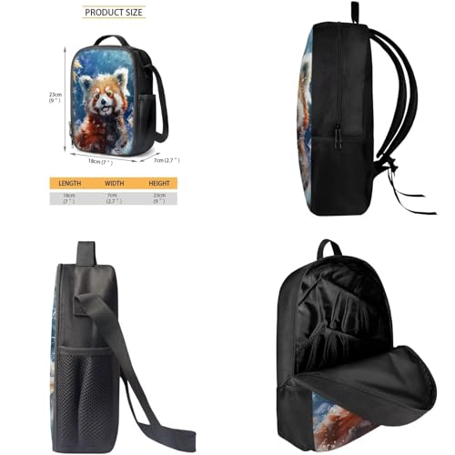 3 Pack Kids School Backpack Set, Red Panda Large Backpack for Boys Girls, Animal Print Insulated Kids Lunch Bag with Strap Handle, Cute Kawaii Pencil Case for School, Blue and Brown4