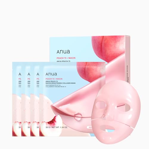 ANUA Peach 70 Niacin Brightening Collagen Mask, Overnight Face Mask for Glass Skin, Niacinamide, Collagen Facial Mask, Glow up with Hydration, Natural Color, Korean Skin Care (38g, 4ea)