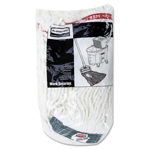 Image of Rubbermaid Commercial Web Foot Shrinkless Wet Mop, Medium, 1-Inch Green Headband, White, Heavy Duty Industrial Wet Mop For Floor Cleaning Office /School /Stadium /Lobby /Restaurant