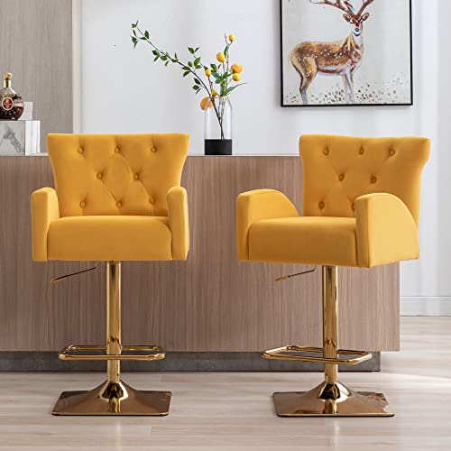 Dm Furniture Gold Velvet Barstools Bar Height Set Of 2 Adjustable Counter Stools Swivel Bar Stool Chairs With Back/Arm For Home Kitchen Island/Bar/Cafe, Yellow #TOP2