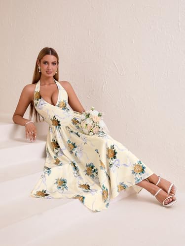 Image of Parthea Women's Gingham Halter V Neck Midi Dress Corset Smocked Sundress Flowy A Line Wedding Guest Dresses