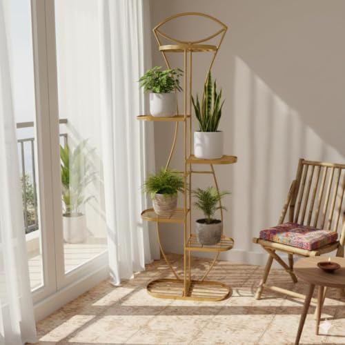 Image of Designer Metal Plant Stand for Living Room | Decorative Leaf Shape Flower Pot Stand | Indoor Outdoor Planter Rack | Modern Plant Holder for Balcony, Home Decor | Gold
