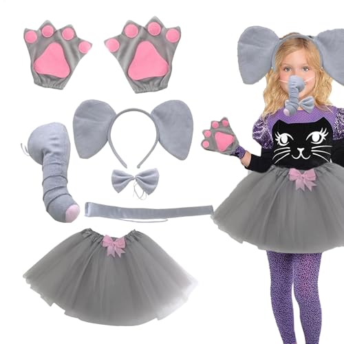 Disfraz infantil de elefante – Juego de 6 piezas con falda tutú, nariz, bowtie, cinta para la cabeza y cola. Disfraz de animal gris para niñas y niñas, divertido juego de rol para festivales de 3 a 14