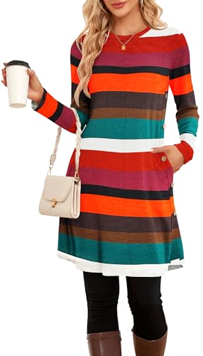 SENBATU Pulloverkleid für Damen, Frühling, Herbst, Lange Ärmel, Kausale Knöpfe, seitliche Damenkleider mit Taschen, groß,Regenbogenstreifen