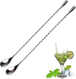 TODARRUN Set of 2 Mixing Spoon Stainless Steel Professional Cocktail Bar Tool Japanese Style Teardrop End Design for Ice Cream, Coffee, Milkshakes, Juice, Tea, Drink (12'', Silver)