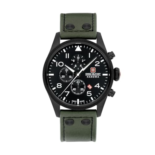 Swiss Military Hanowa Thunderbolt Chrono - Reloj de Pulsera para Hombre con Correa de Piel o Metal (43 mm, diámetro 10 ATM), Verde, Correa