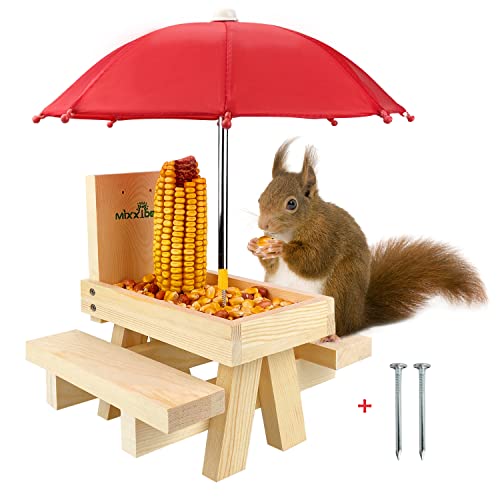 MIXXIDEA Squirrel Feeder Table with Umbrella Wooden Squirrel Picnic Table Feeder Sturdy Squirrels Feeder Corn Cob Holder with Solid Structure and 2 x Thick Benches(1pk)