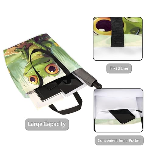 Cute Watercolor Frog Pond Large Capacity Canvas Tote Bag Stylish Handheld Shoulder Bag Reusable Shopping Bag for Work Travel Beach Trips Shopping2