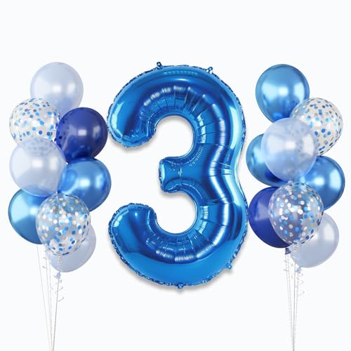 Image of Navy Blue 3rd Birthday Balloon - Giant Self Inflating Number 3, Metallic Dark Blue Silver Confetti Helium Balloon, Foil 40 Inch Three for Boys 3 Year Old Birthday Party Anniversary Decor