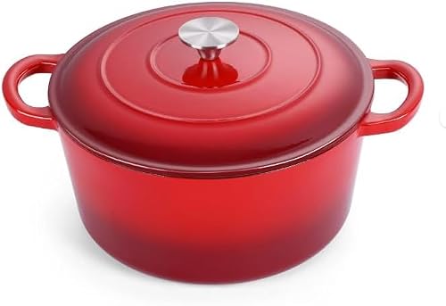Image of VG® Cast Iron Dutch Oven 5L Casserole Pot with lid Enameled Cast Iron Pot Dual Handle Cookware Baking Bread,Braiser,Soup,Meat, Stews,Oven Safe 500° F Non Stick Easy Clean Red 26cm Self Braising Lid